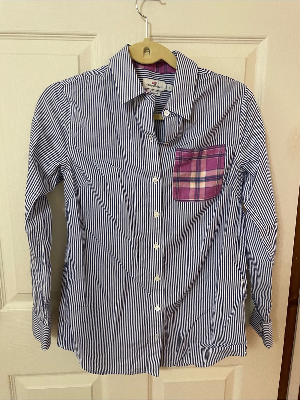 Vineyard Vines Striped Button-Down Shirt with Pink Plaid Pocket
